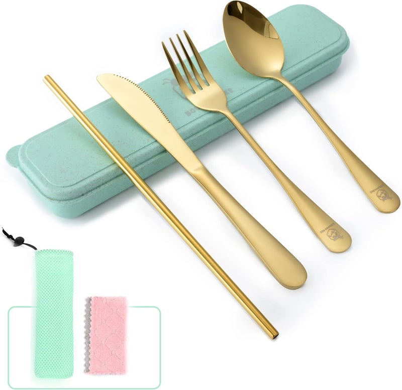 Boulder Bee | Travel Utensils Set | Reusable Camping Cutlery Set | Stainless Steel Flatware Set | Portable Silverware Set with Case | Includes Knife/Fork/Spoon/Straw/Cleaning Cloth/Case (Gold) - Image 1